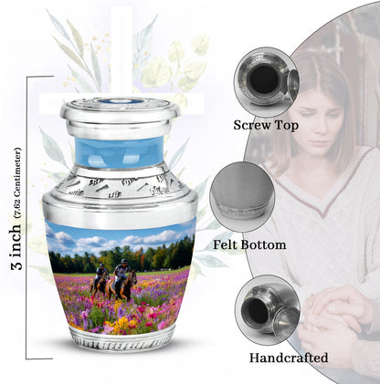 Steel Blue Horse Polo Cremation Urn top-down view of secure threaded lid - artistic horse polo interpretation with creative detail - mini keepsake memorial for portion of cremation ashes