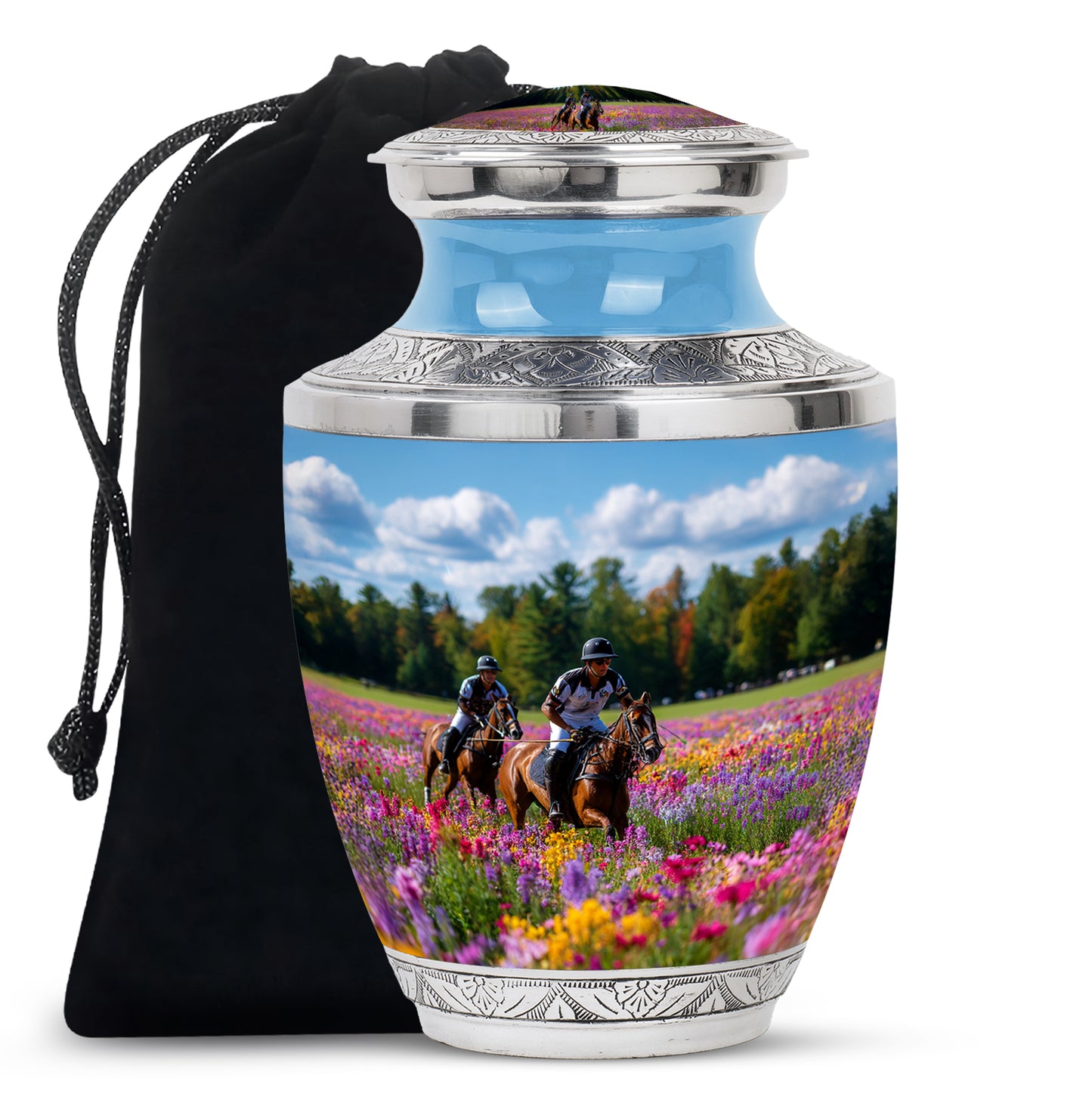 Serene Blue Horse Polo Cremation Urn side profile showing urn shape - stylized abstract horse polo pattern with bold lines - full-size 10 inch 200 cubic inch adult cremation urn