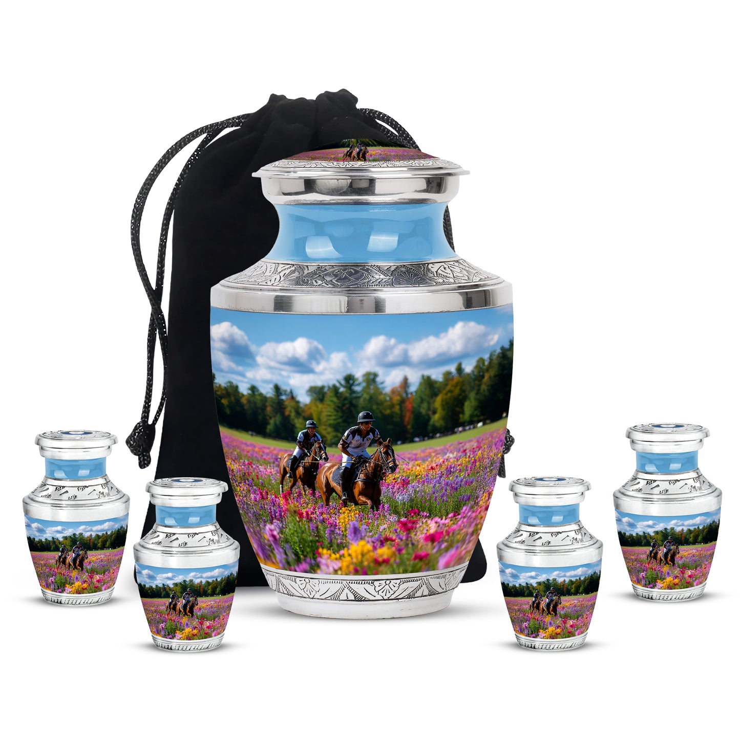 Royal Blue Horse Polo Cremation Urn lifestyle display on memorial shelf - artistic horse polo interpretation with creative detail - memorial set with one large and four small urns
