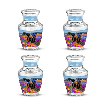 Azure Horse Polo Cremation Urn back view with polished surface - contemporary horse polo design with modern artistic flair - 10 inch aluminum urn for cremated remains