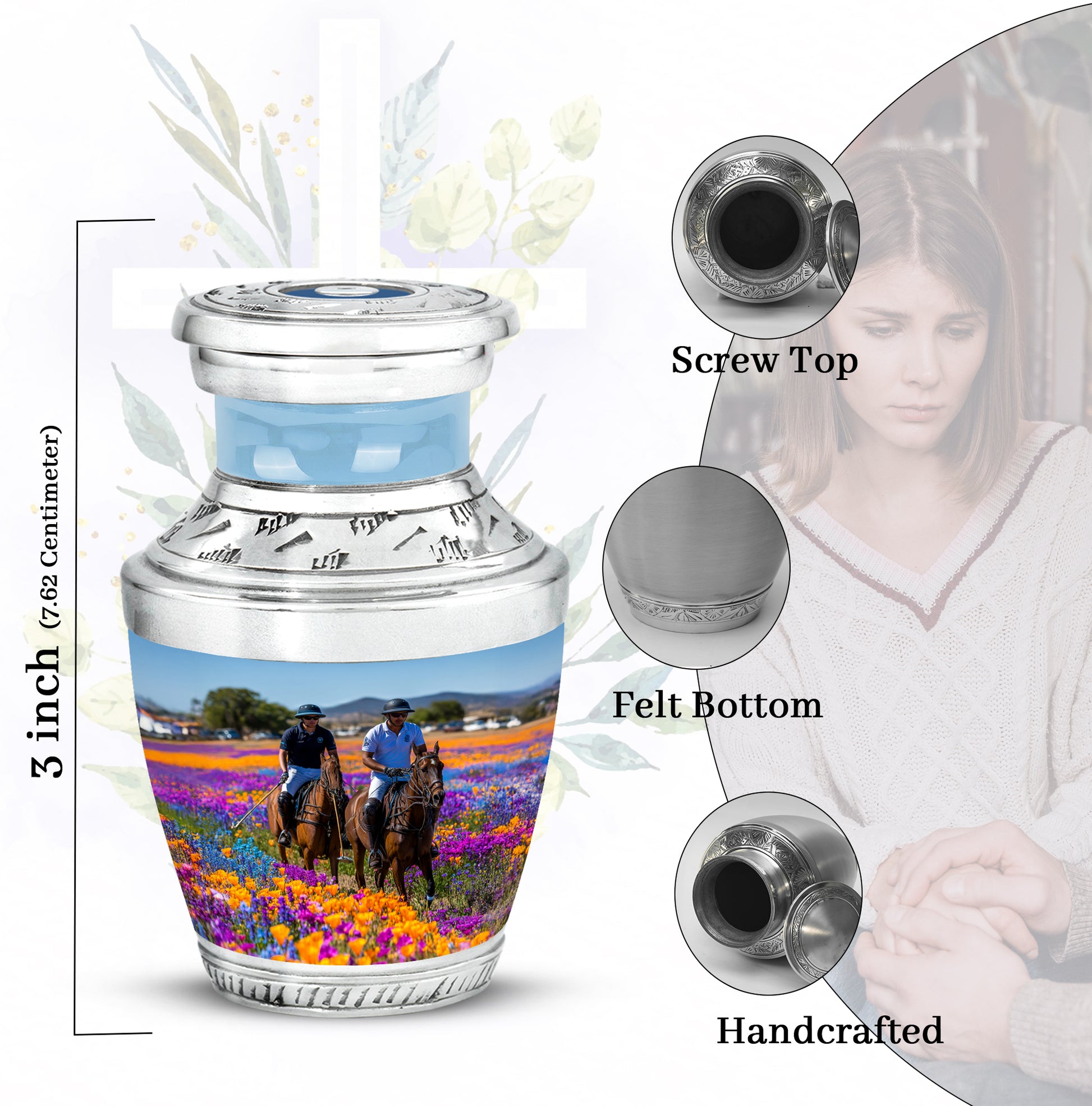 Vivid Blue Horse Polo Cremation Urn top-down view of secure threaded lid - artistic horse polo interpretation with creative detail - mini keepsake memorial for portion of cremation ashes