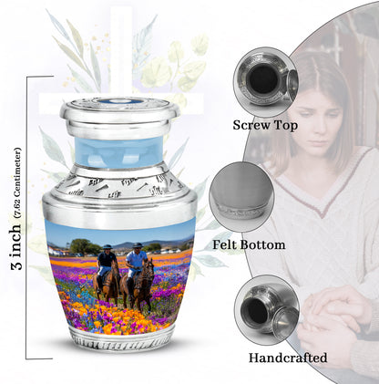 Vivid Blue Horse Polo Cremation Urn top-down view of secure threaded lid - artistic horse polo interpretation with creative detail - mini keepsake memorial for portion of cremation ashes