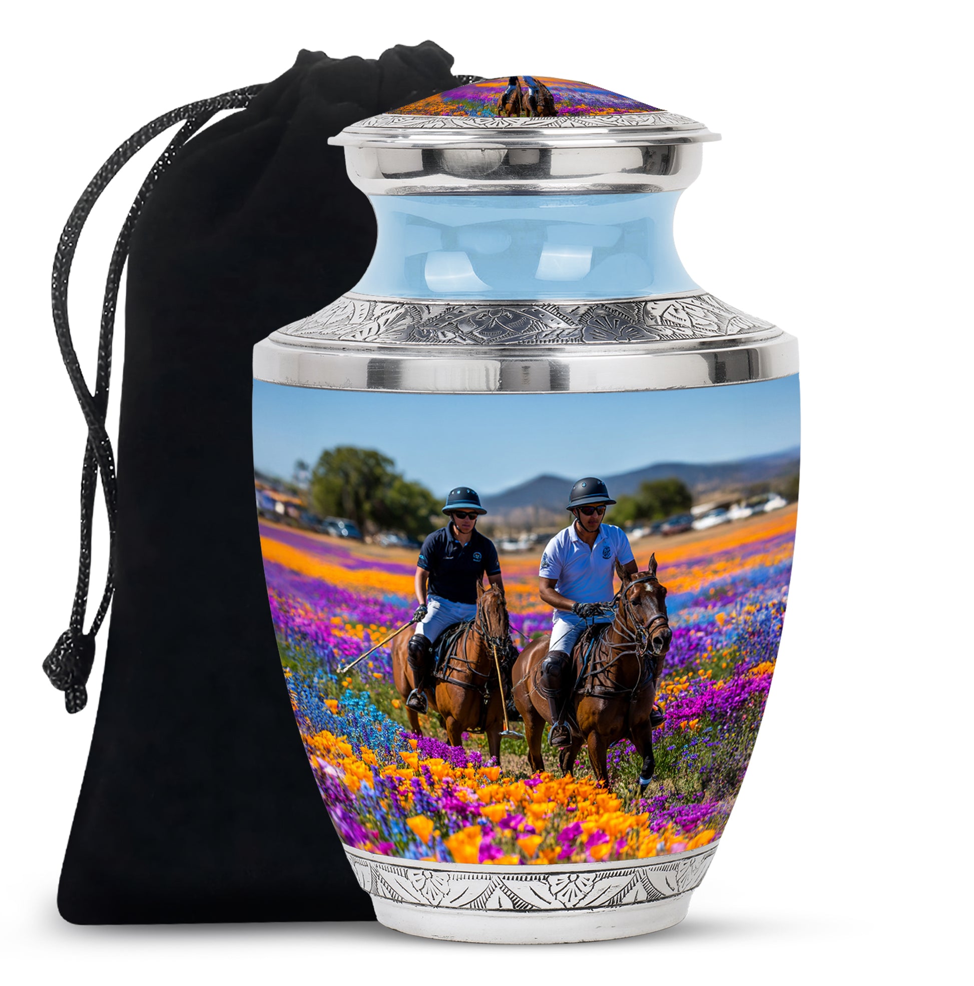 Celestial Blue Horse Polo Cremation Urn side profile showing urn shape - modern art-inspired horse polo motif on sleek aluminum - full-size 10 inch 200 cubic inch adult cremation urn