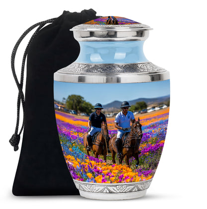 Celestial Blue Horse Polo Cremation Urn side profile showing urn shape - modern art-inspired horse polo motif on sleek aluminum - full-size 10 inch 200 cubic inch adult cremation urn