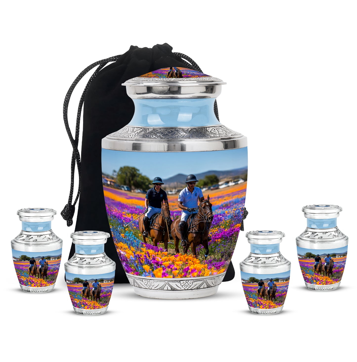 Navy Blue Horse Polo Cremation Urn lifestyle display on memorial shelf - contemporary horse polo design with modern artistic flair - memorial set with one large and four small urns