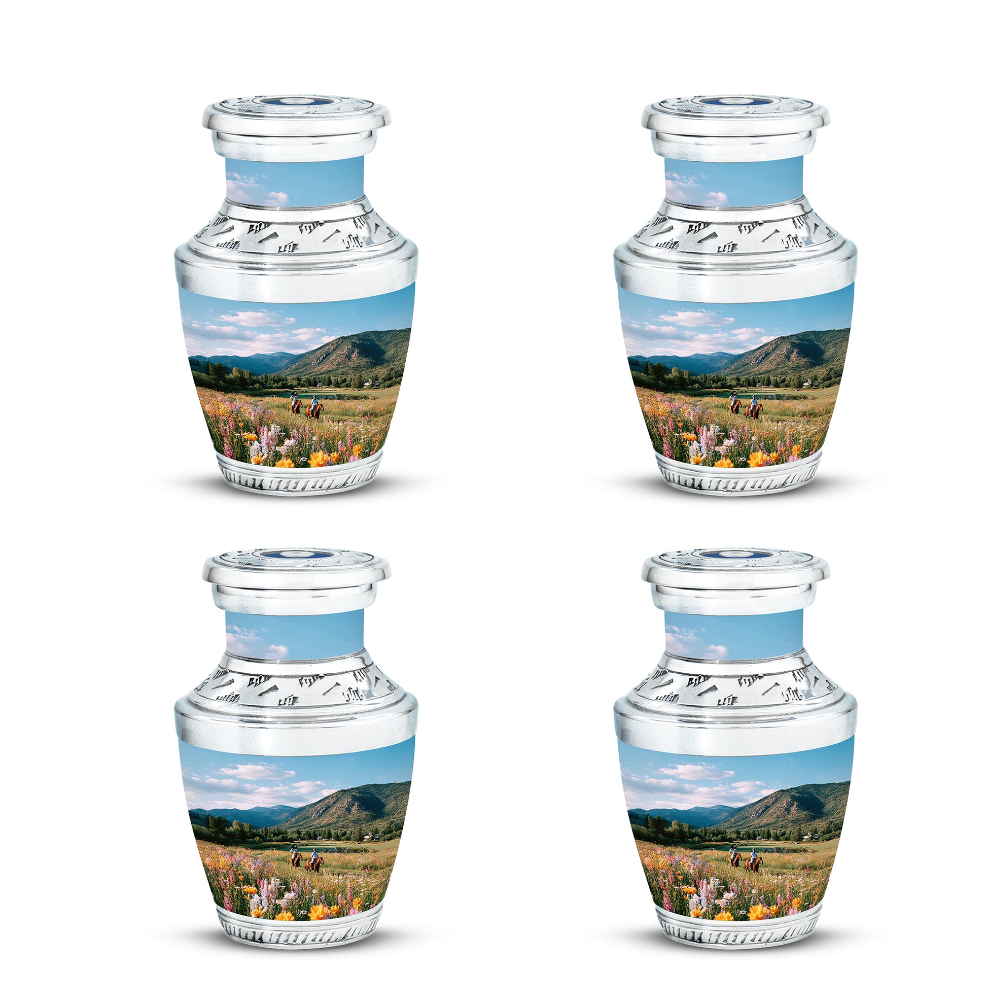 Icy Blue Horse Polo Cremation Urn back view with polished surface - contemporary horse polo design with modern artistic flair - 10 inch aluminum urn for cremated remains