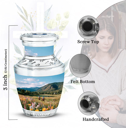 Cornflower Blue Horse Polo Cremation Urn top-down view of secure threaded lid - stylized abstract horse polo pattern with bold lines - mini keepsake memorial for portion of cremation ashes