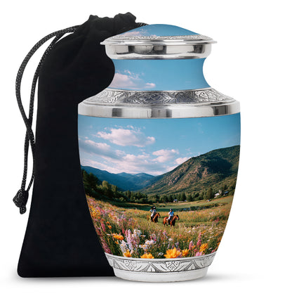 Cornflower Blue Horse Polo Cremation Urn side profile showing urn shape - artistic horse polo interpretation with creative detail - full-size 10 inch 200 cubic inch adult cremation urn