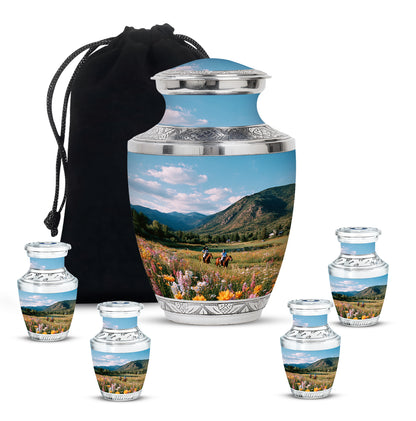 Pastel Blue Horse Polo Cremation Urn lifestyle display on memorial shelf - contemporary horse polo design with modern artistic flair - memorial set with one large and four small urns