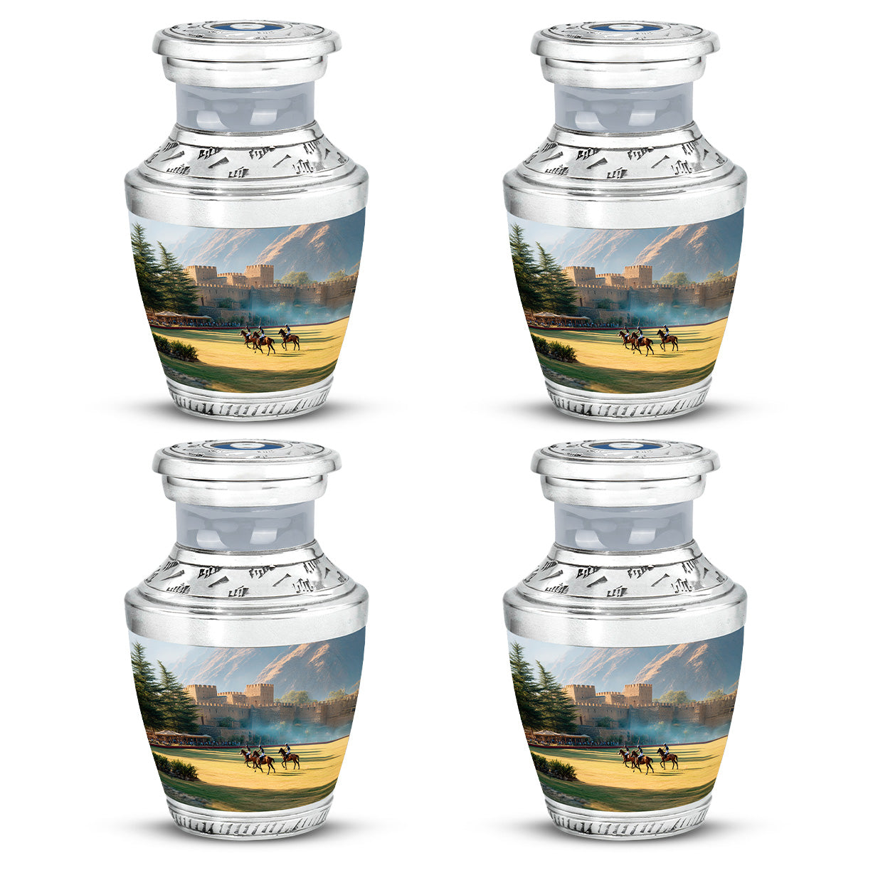 Brushed Silver Horse Polo Cremation Urn back view with polished surface - contemporary horse polo design with modern artistic flair - 10 inch aluminum urn for cremated remains