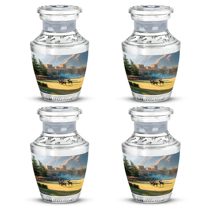 Brushed Silver Horse Polo Cremation Urn back view with polished surface - contemporary horse polo design with modern artistic flair - 10 inch aluminum urn for cremated remains