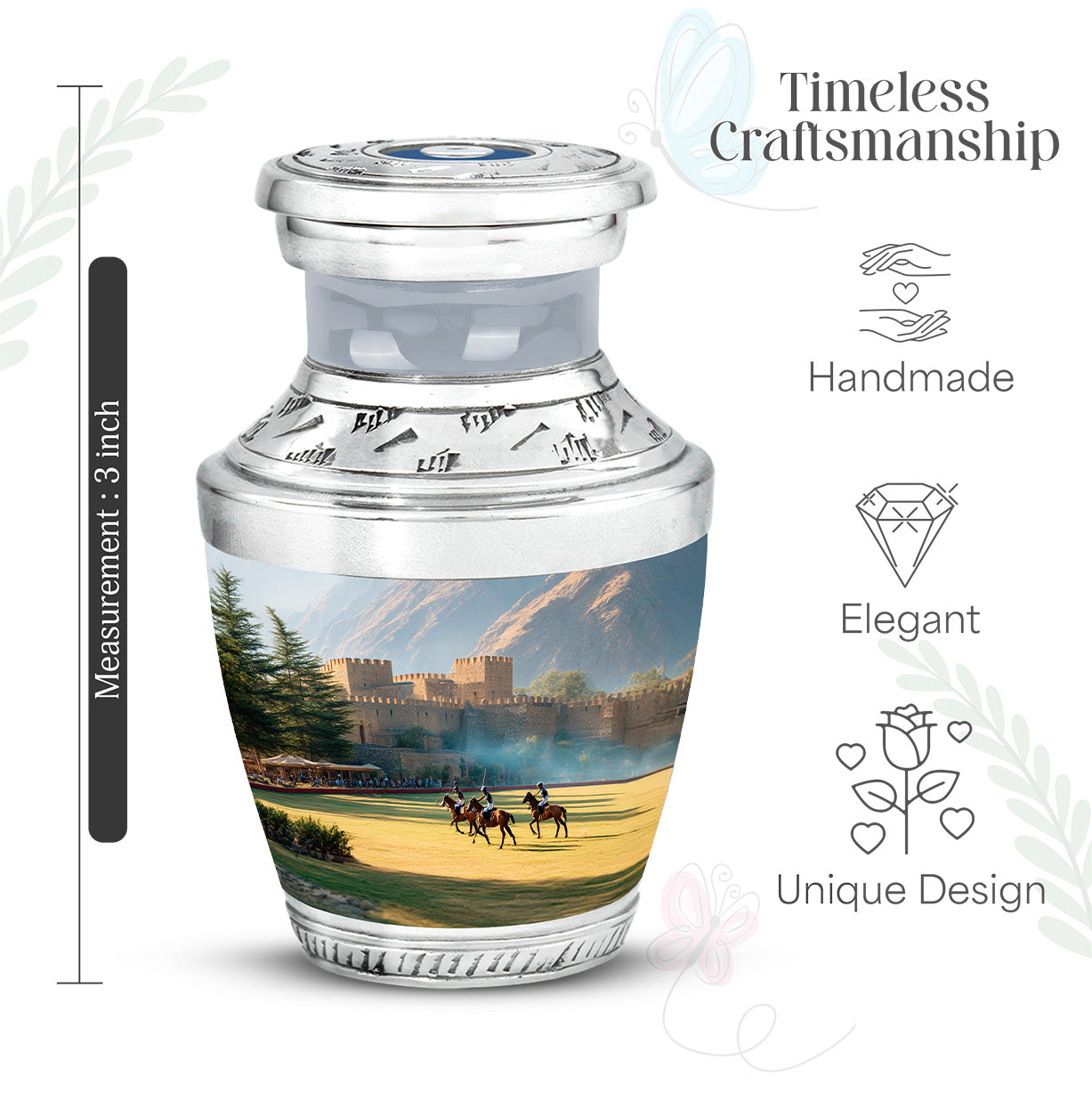 Sterling Silver Horse Polo Cremation Urn top-down view of secure threaded lid - contemporary horse polo design with modern artistic flair - mini keepsake memorial for portion of cremation ashes