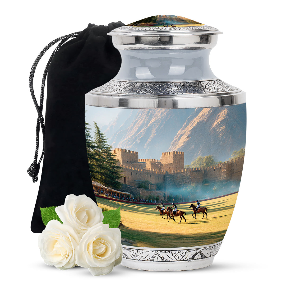 Satin Silver Horse Polo Cremation Urn side profile showing urn shape - contemporary horse polo design with modern artistic flair - full-size 10 inch 200 cubic inch adult cremation urn