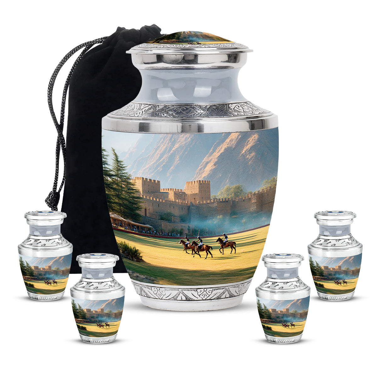Antique Silver Horse Polo Cremation Urn lifestyle display on memorial shelf - artistic horse polo interpretation with creative detail - memorial set with one large and four small urns