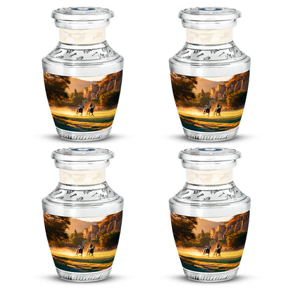 Sunrise Gold Horse Polo Cremation Urn back view with polished surface - contemporary horse polo design with modern artistic flair - 10 inch aluminum urn for cremated remains