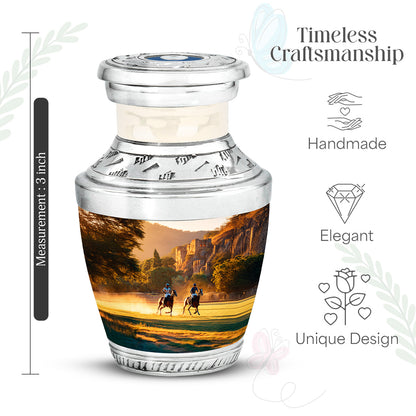 Amber Gold Horse Polo Cremation Urn top-down view of secure threaded lid - contemporary horse polo design with modern artistic flair - mini keepsake memorial for portion of cremation ashes
