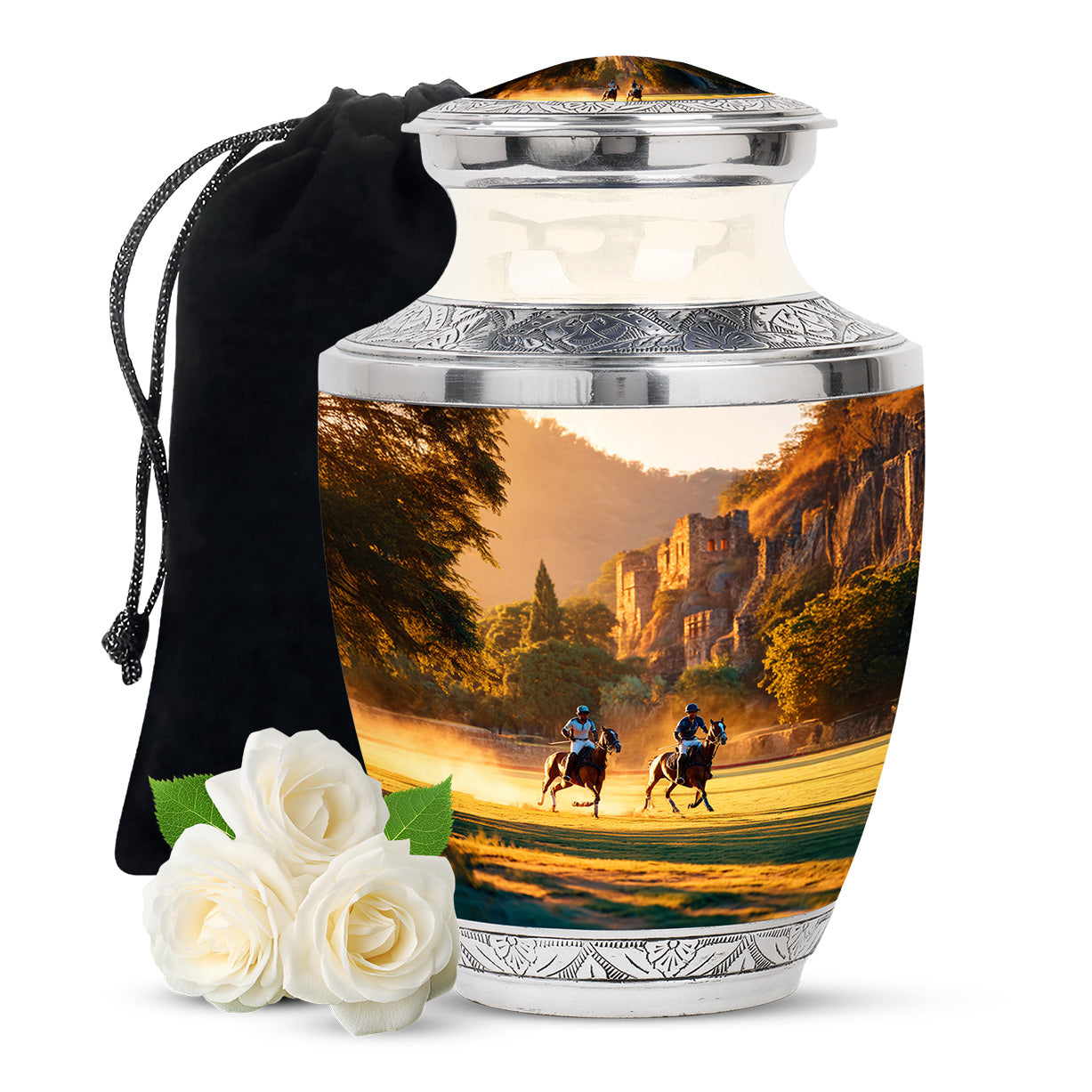 Harvest Gold Horse Polo Cremation Urn side profile showing urn shape - stylized abstract horse polo pattern with bold lines - full-size 10 inch 200 cubic inch adult cremation urn