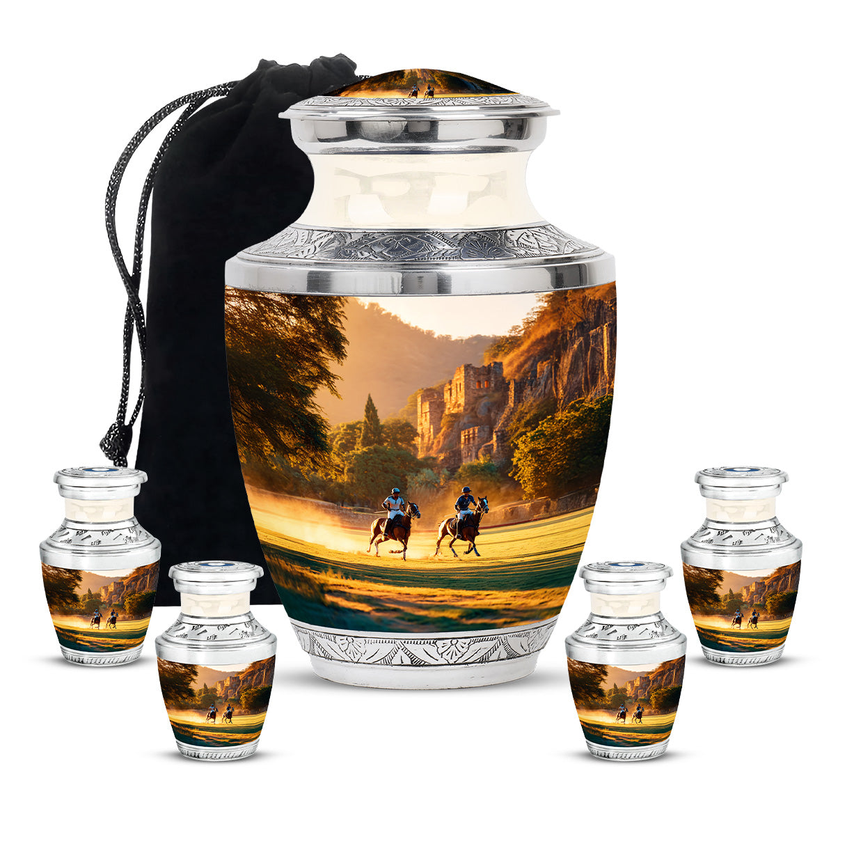 Burnished Gold Horse Polo Cremation Urn lifestyle display on memorial shelf - artistic horse polo interpretation with creative detail - memorial set with one large and four small urns
