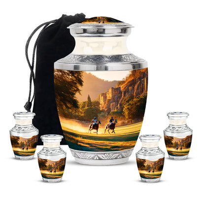 Burnished Gold Horse Polo Cremation Urn lifestyle display on memorial shelf - artistic horse polo interpretation with creative detail - memorial set with one large and four small urns