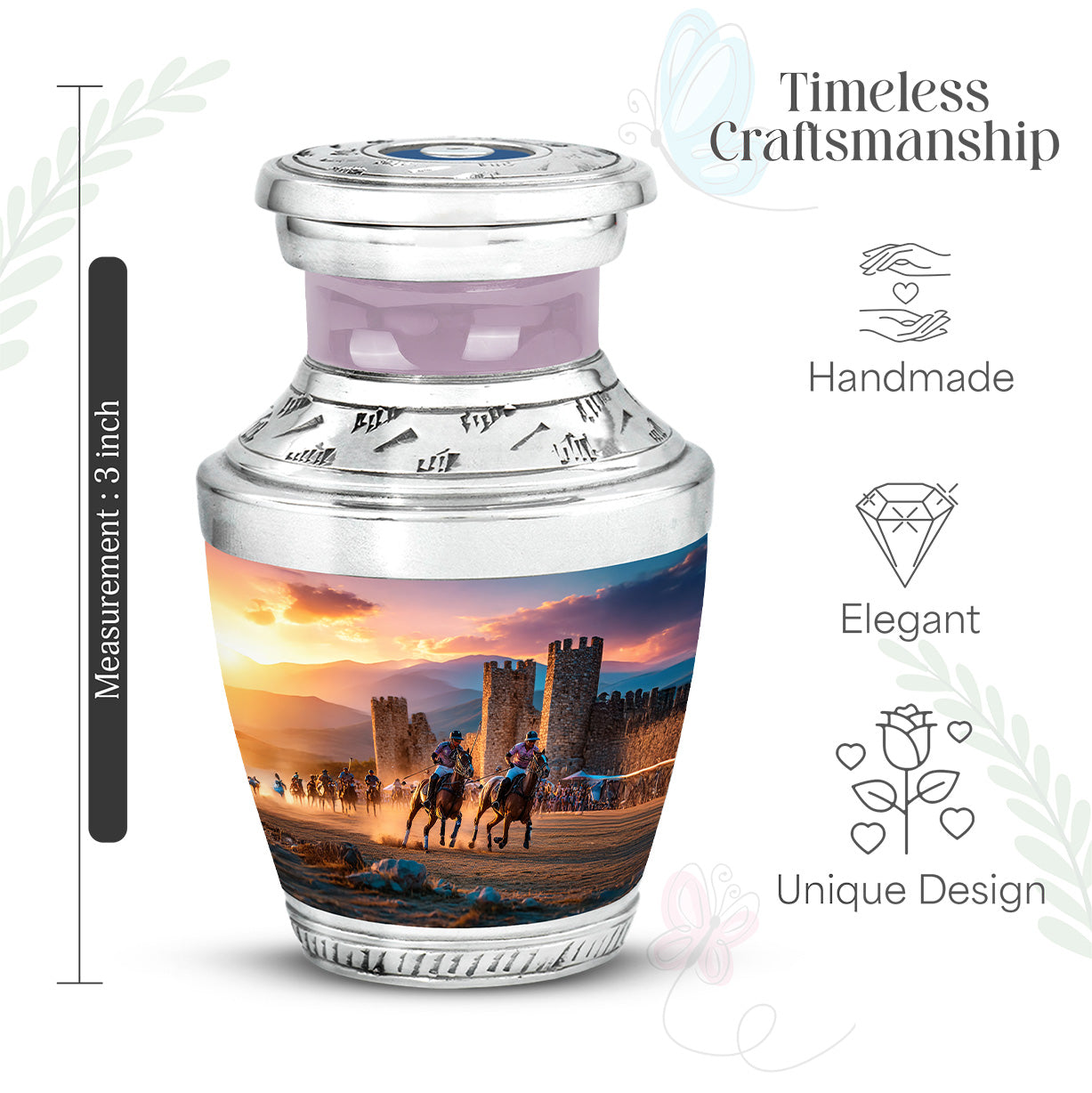 Ash Gray Horse Polo Cremation Urn top-down view of secure threaded lid - stylized abstract horse polo pattern with bold lines - mini keepsake memorial for portion of cremation ashes