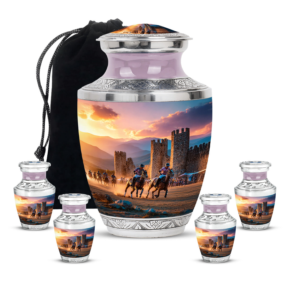 Silver Gray Horse Polo Cremation Urn lifestyle display on memorial shelf - contemporary horse polo design with modern artistic flair - memorial set with one large and four small urns
