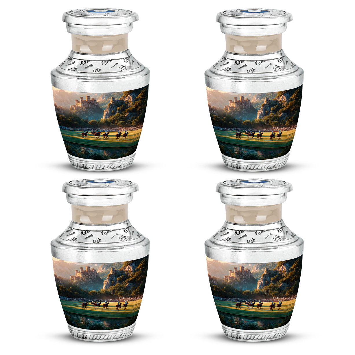 Royal Gold Horse Polo Cremation Urn back view with polished surface - stylized abstract horse polo pattern with bold lines - 10 inch aluminum urn for cremated remains