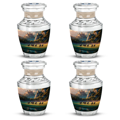 Royal Gold Horse Polo Cremation Urn back view with polished surface - stylized abstract horse polo pattern with bold lines - 10 inch aluminum urn for cremated remains