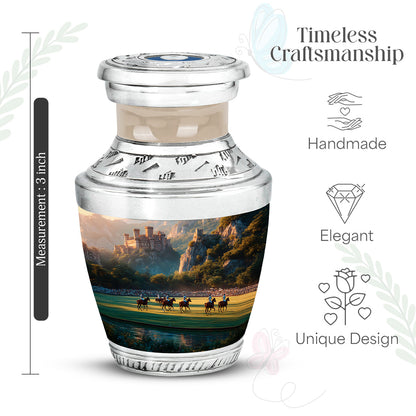 Champagne Gold Horse Polo Cremation Urn top-down view of secure threaded lid - contemporary horse polo design with modern artistic flair - mini keepsake memorial for portion of cremation ashes