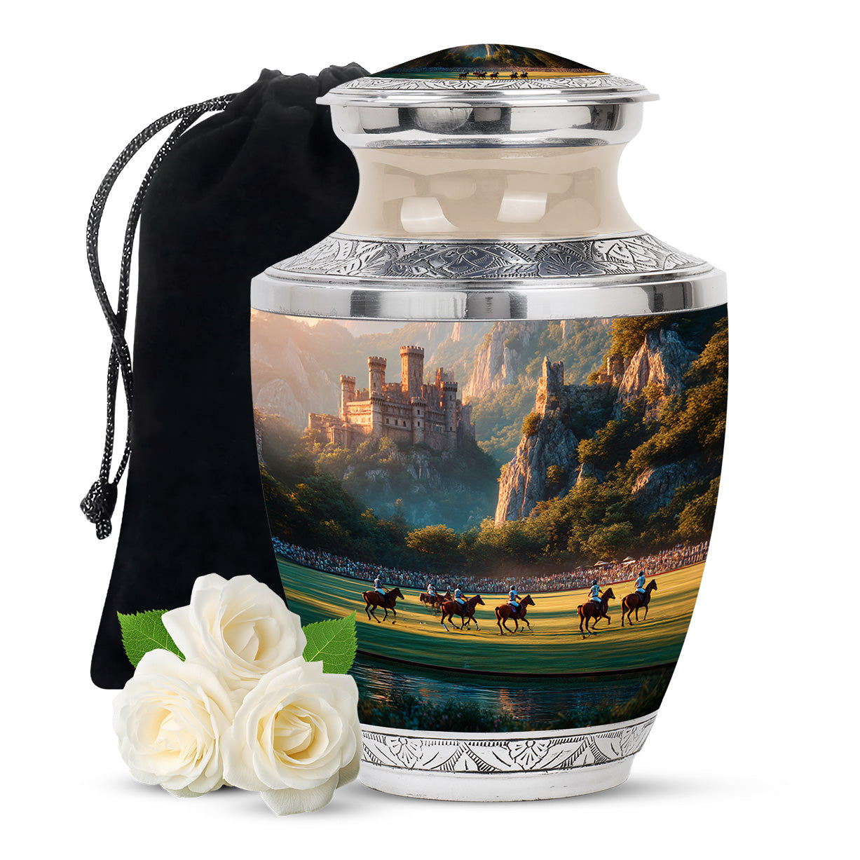 Harvest Gold Horse Polo Cremation Urn side profile showing urn shape - stylized abstract horse polo pattern with bold lines - full-size 10 inch 200 cubic inch adult cremation urn