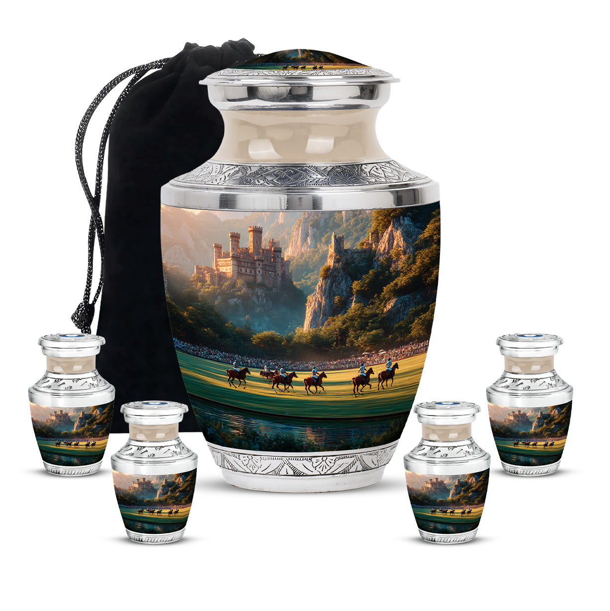 Sunrise Gold Horse Polo Cremation Urn lifestyle display on memorial shelf - contemporary horse polo design with modern artistic flair - memorial set with one large and four small urns