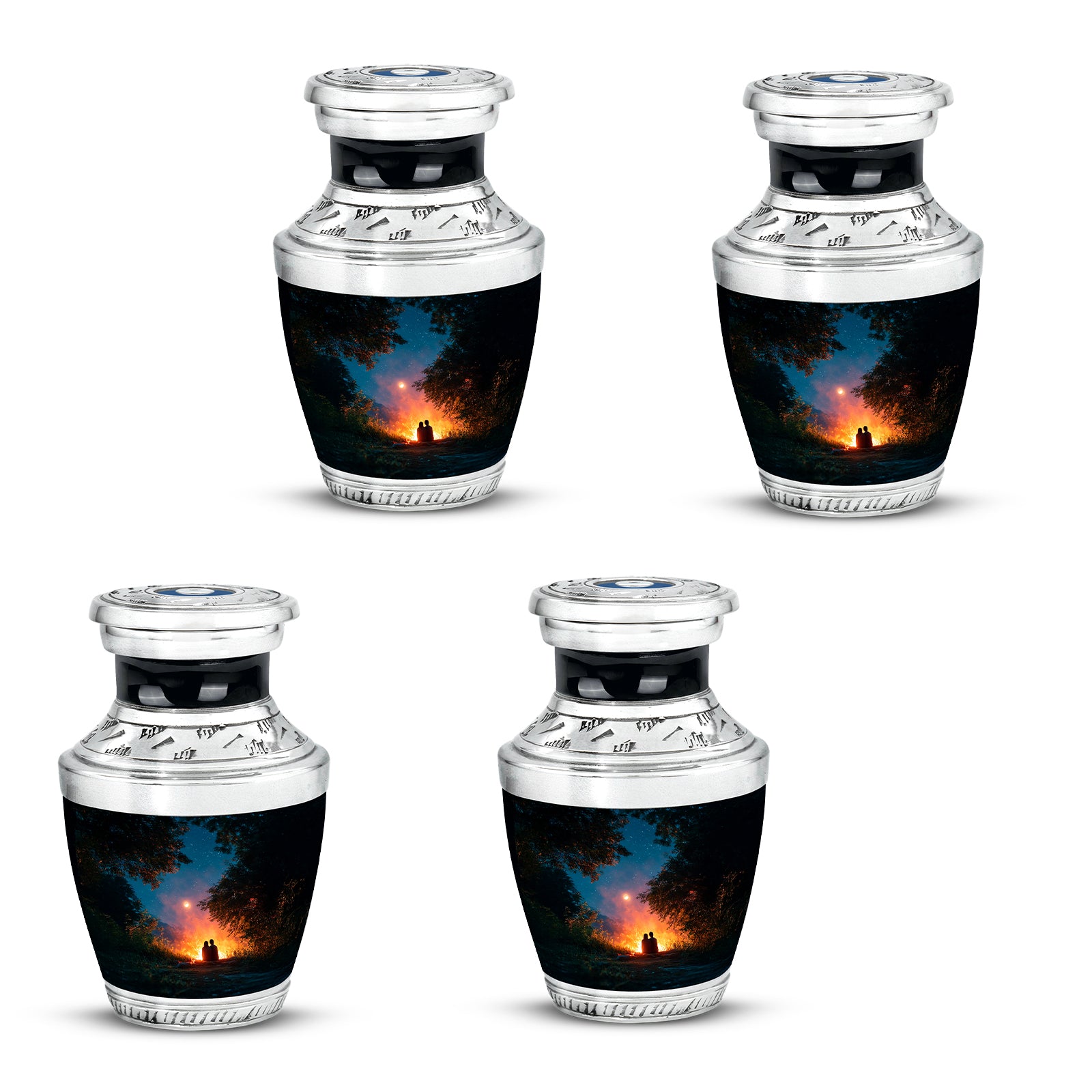 Ocean Teal Campfire Cremation Urn back view with polished surface - contemporary campfire design with modern artistic flair - 10 inch aluminum urn for cremated remains