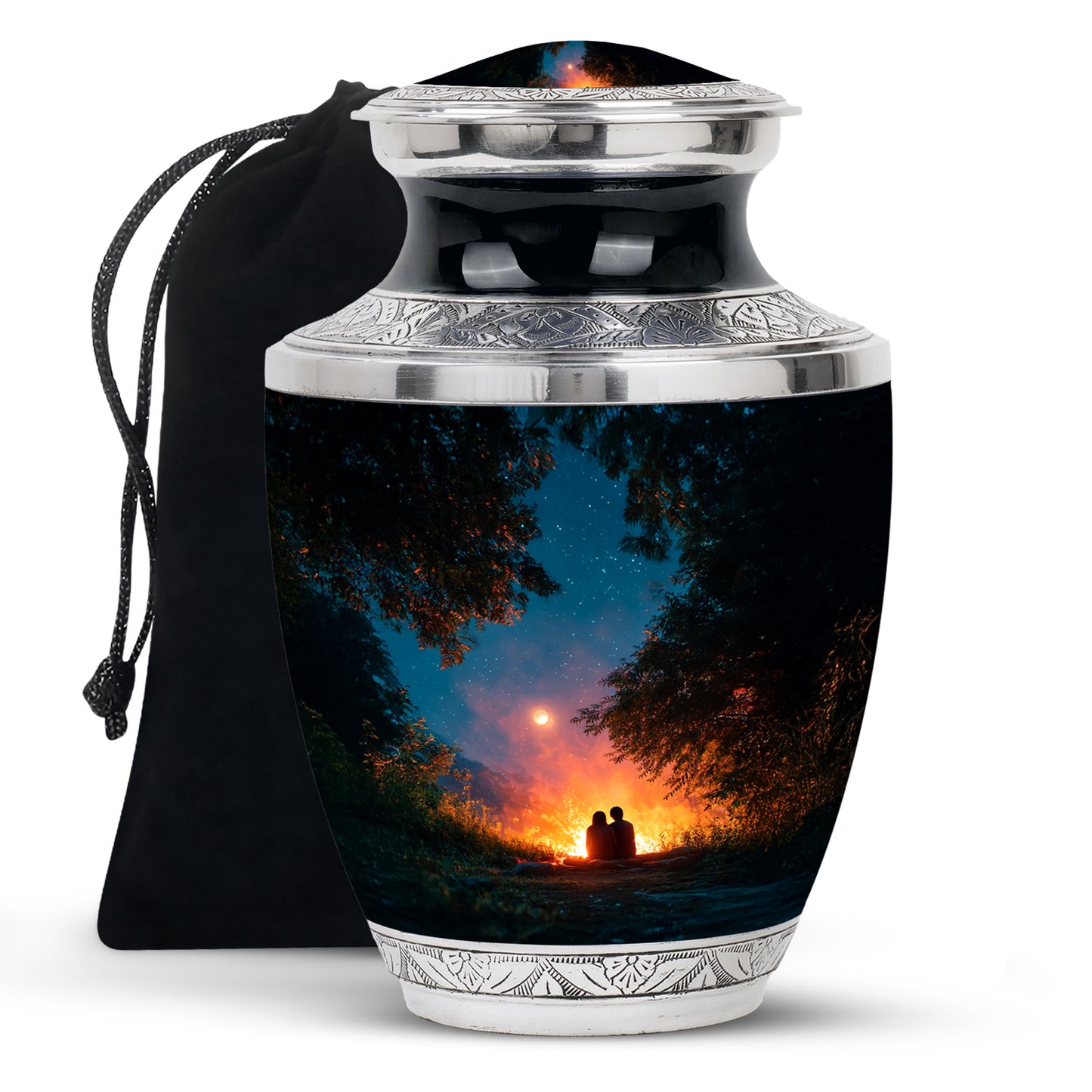 Vivid Teal Campfire Cremation Urn side profile showing urn shape - artistic campfire interpretation with creative detail - full-size 10 inch 200 cubic inch adult cremation urn