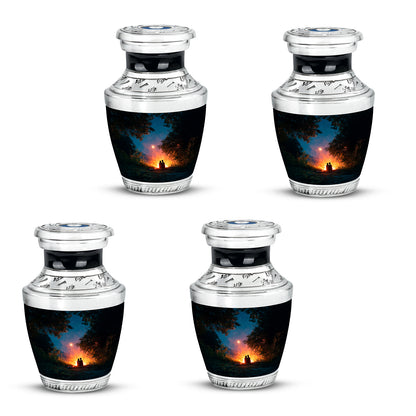 Glossy Black Campfire Cremation Urn back view with polished surface - modern art-inspired campfire motif on sleek aluminum - 10 inch aluminum urn for cremated remains
