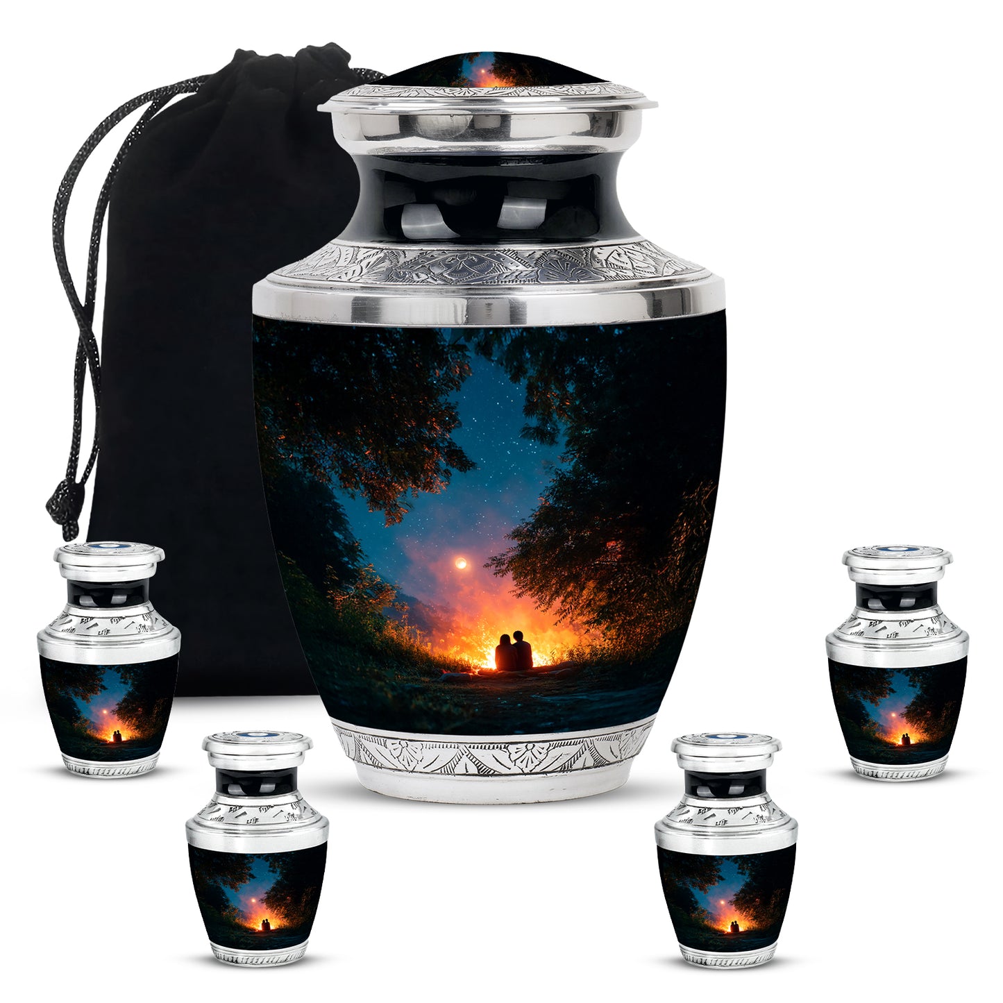 Midnight Black Campfire Cremation Urn lifestyle display on memorial shelf - stylized abstract campfire pattern with bold lines - memorial set with one large and four small urns