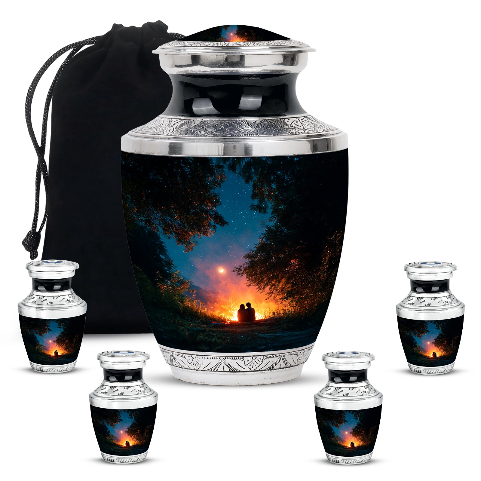 Midnight Black Campfire Cremation Urn lifestyle display on memorial shelf - stylized abstract campfire pattern with bold lines - memorial set with one large and four small urns