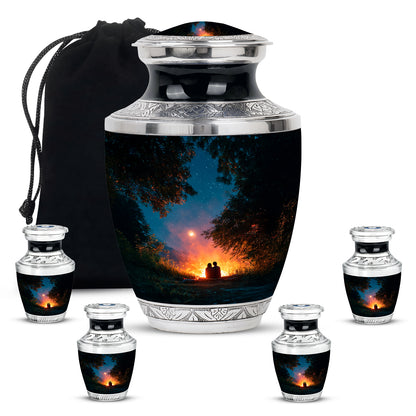 Midnight Black Campfire Cremation Urn lifestyle display on memorial shelf - stylized abstract campfire pattern with bold lines - memorial set with one large and four small urns