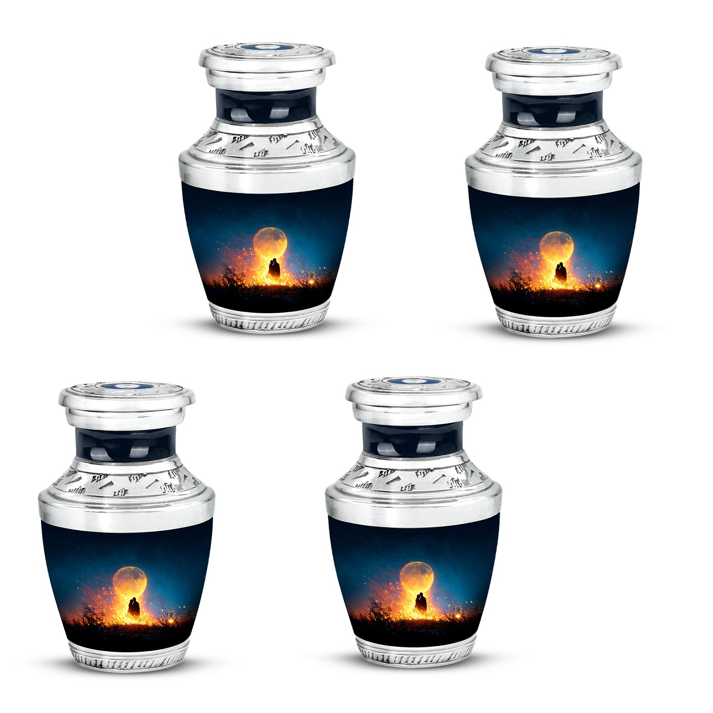 Indigo Campfire Cremation Urn back view with polished surface - contemporary campfire design with modern artistic flair - 10 inch aluminum urn for cremated remains