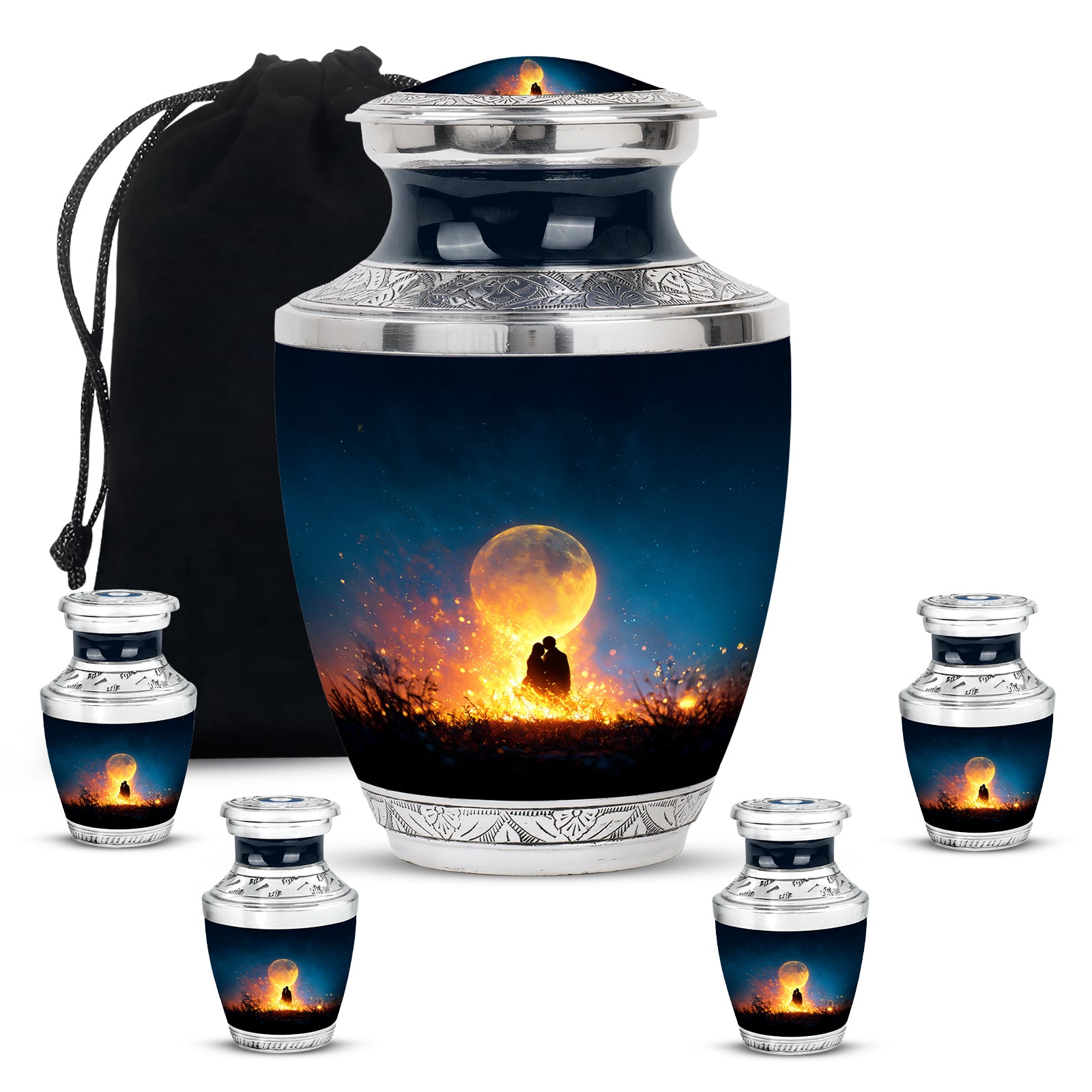 Celestial Blue Campfire Cremation Urn lifestyle display on memorial shelf - modern art-inspired campfire motif on sleek aluminum - memorial set with one large and four small urns