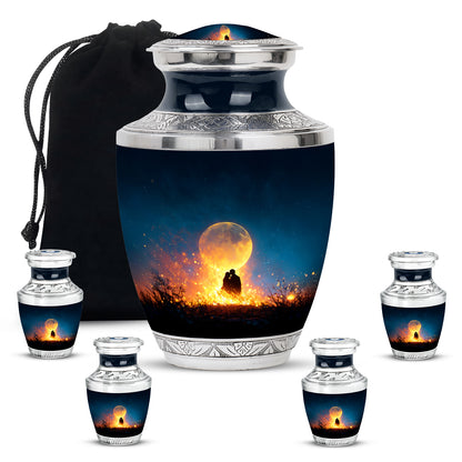 Celestial Blue Campfire Cremation Urn lifestyle display on memorial shelf - modern art-inspired campfire motif on sleek aluminum - memorial set with one large and four small urns