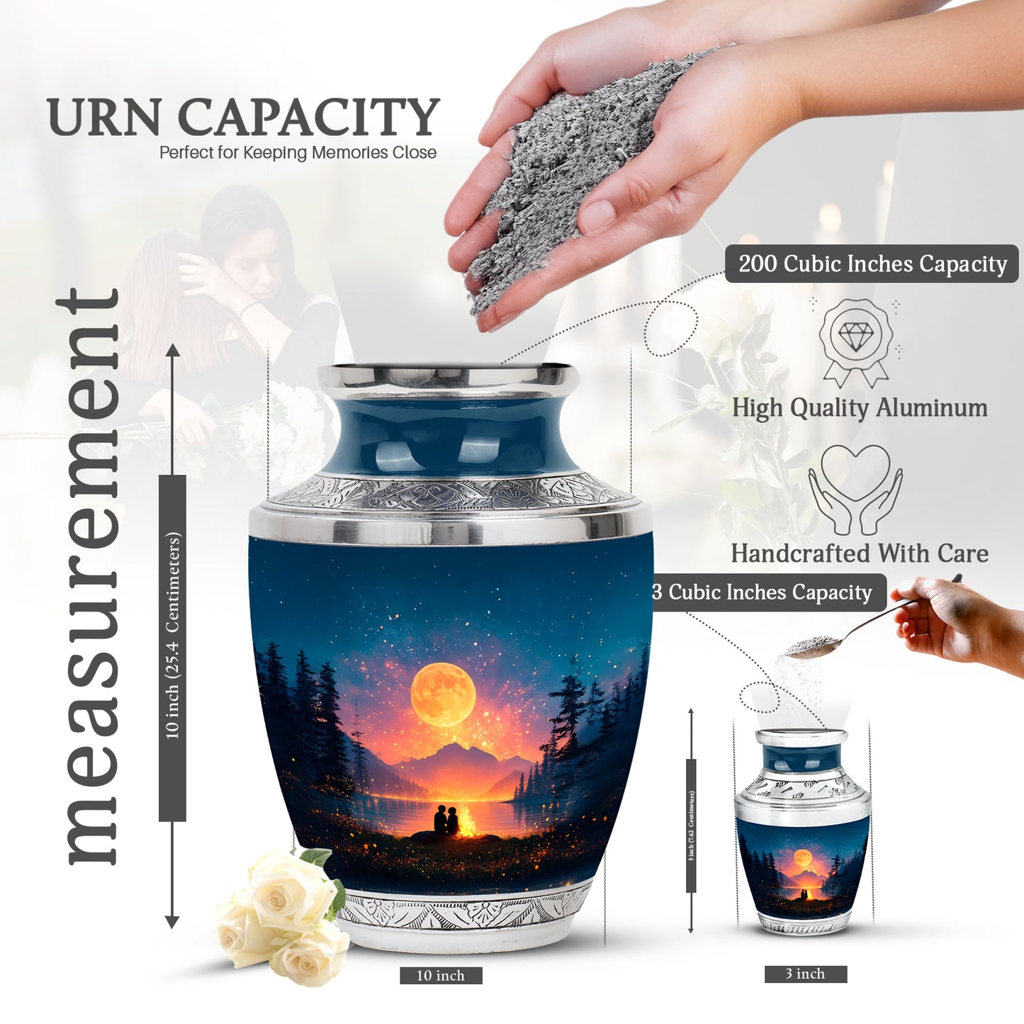 Twilight Blue Campfire Cremation Urn top-down view of secure threaded lid - artistic campfire interpretation with creative detail - mini keepsake memorial for portion of cremation ashes