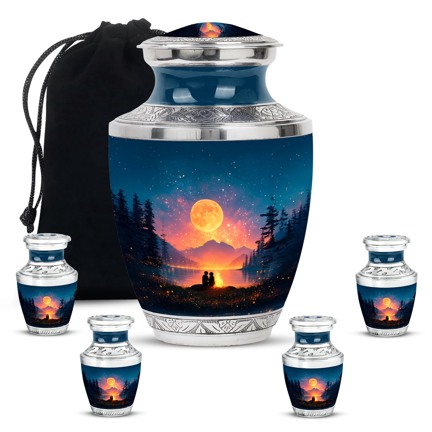 Steel Blue Campfire Cremation Urn lifestyle display on memorial shelf - stylized abstract campfire pattern with bold lines - memorial set with one large and four small urns