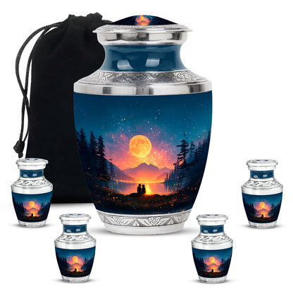 Steel Blue Campfire Cremation Urn lifestyle display on memorial shelf - stylized abstract campfire pattern with bold lines - memorial set with one large and four small urns