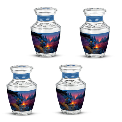 Cornflower Blue Campfire Cremation Urn back view with polished surface - artistic campfire interpretation with creative detail - 10 inch aluminum urn for cremated remains