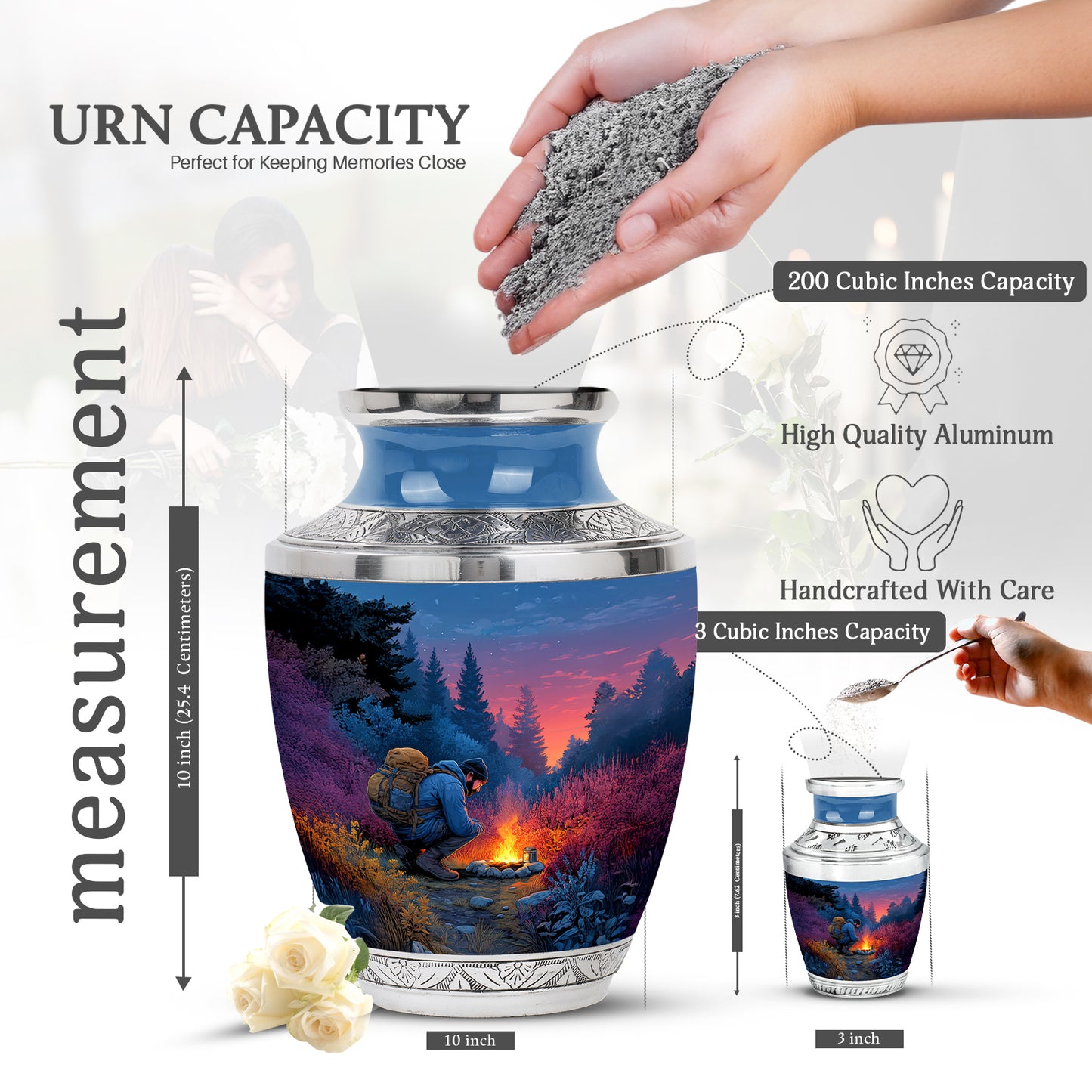 Dusty Blue Campfire Cremation Urn top-down view of secure threaded lid - contemporary campfire design with modern artistic flair - mini keepsake memorial for portion of cremation ashes