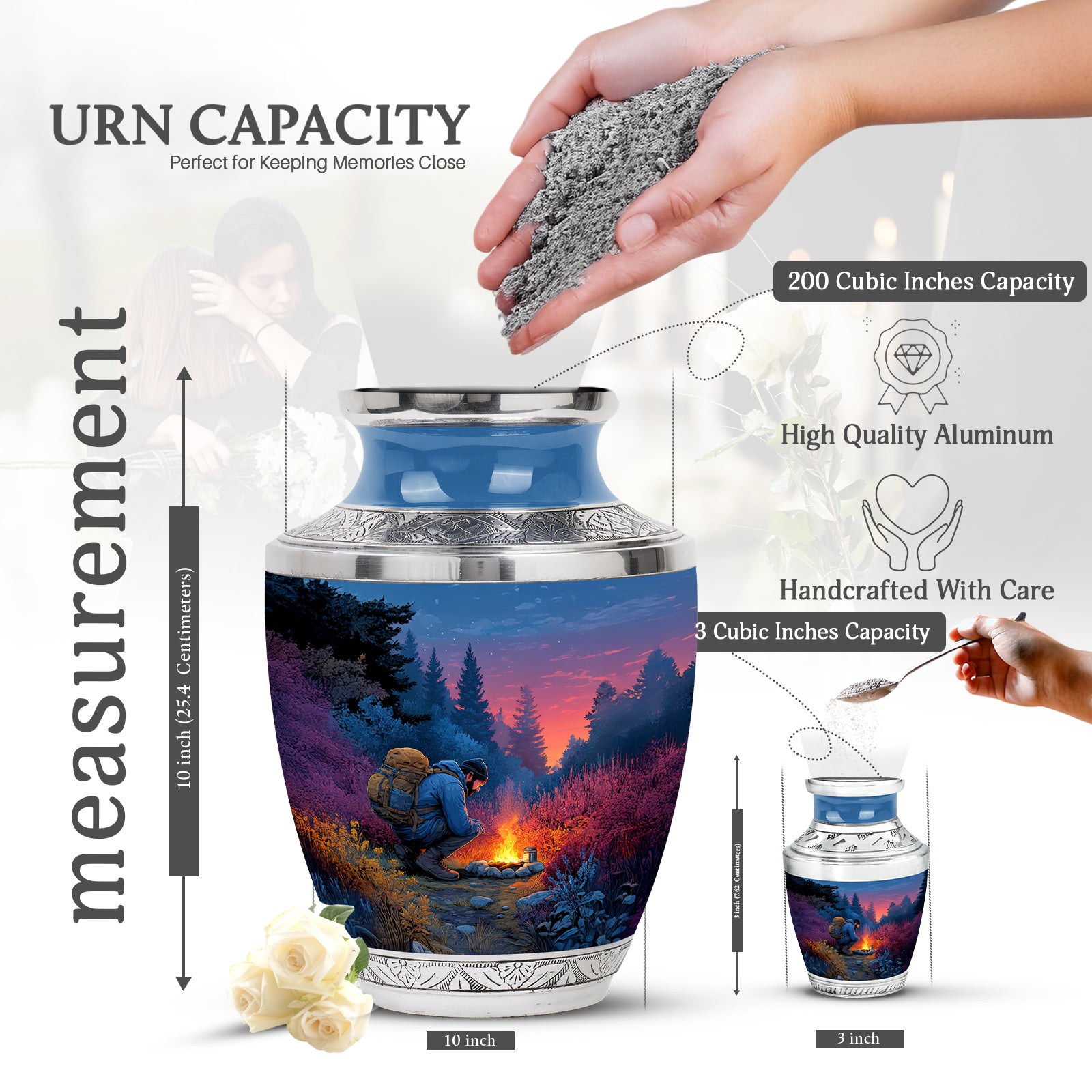 Dusty Blue Campfire Cremation Urn top-down view of secure threaded lid - contemporary campfire design with modern artistic flair - mini keepsake memorial for portion of cremation ashes