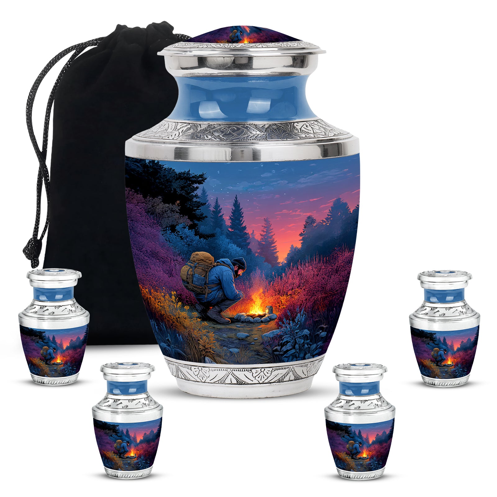 Dusty Blue Campfire Cremation Urn lifestyle display on memorial shelf - modern art-inspired campfire motif on sleek aluminum - memorial set with one large and four small urns
