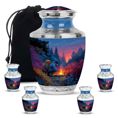 Dusty Blue Campfire Cremation Urn lifestyle display on memorial shelf - modern art-inspired campfire motif on sleek aluminum - memorial set with one large and four small urns