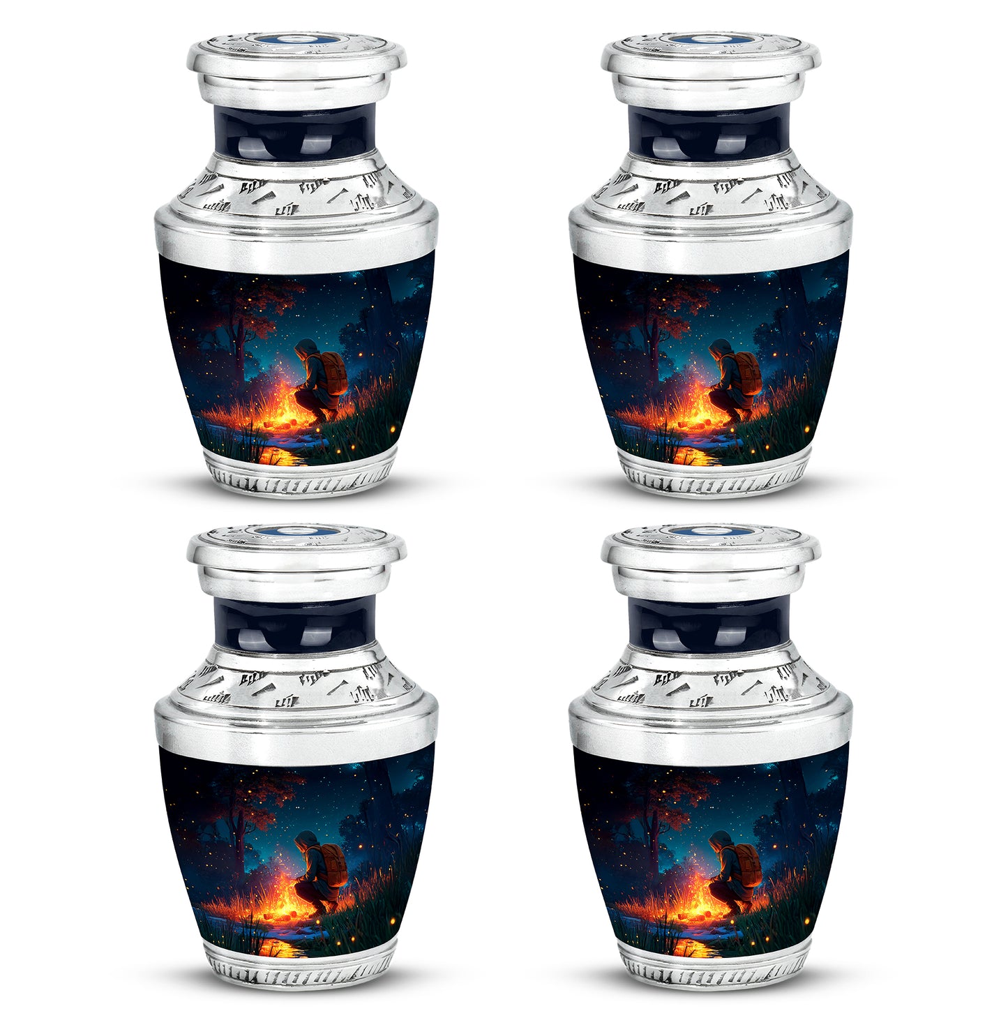 Twilight Blue Campfire Cremation Urn back view with polished surface - stylized abstract campfire pattern with bold lines - 10 inch aluminum urn for cremated remains