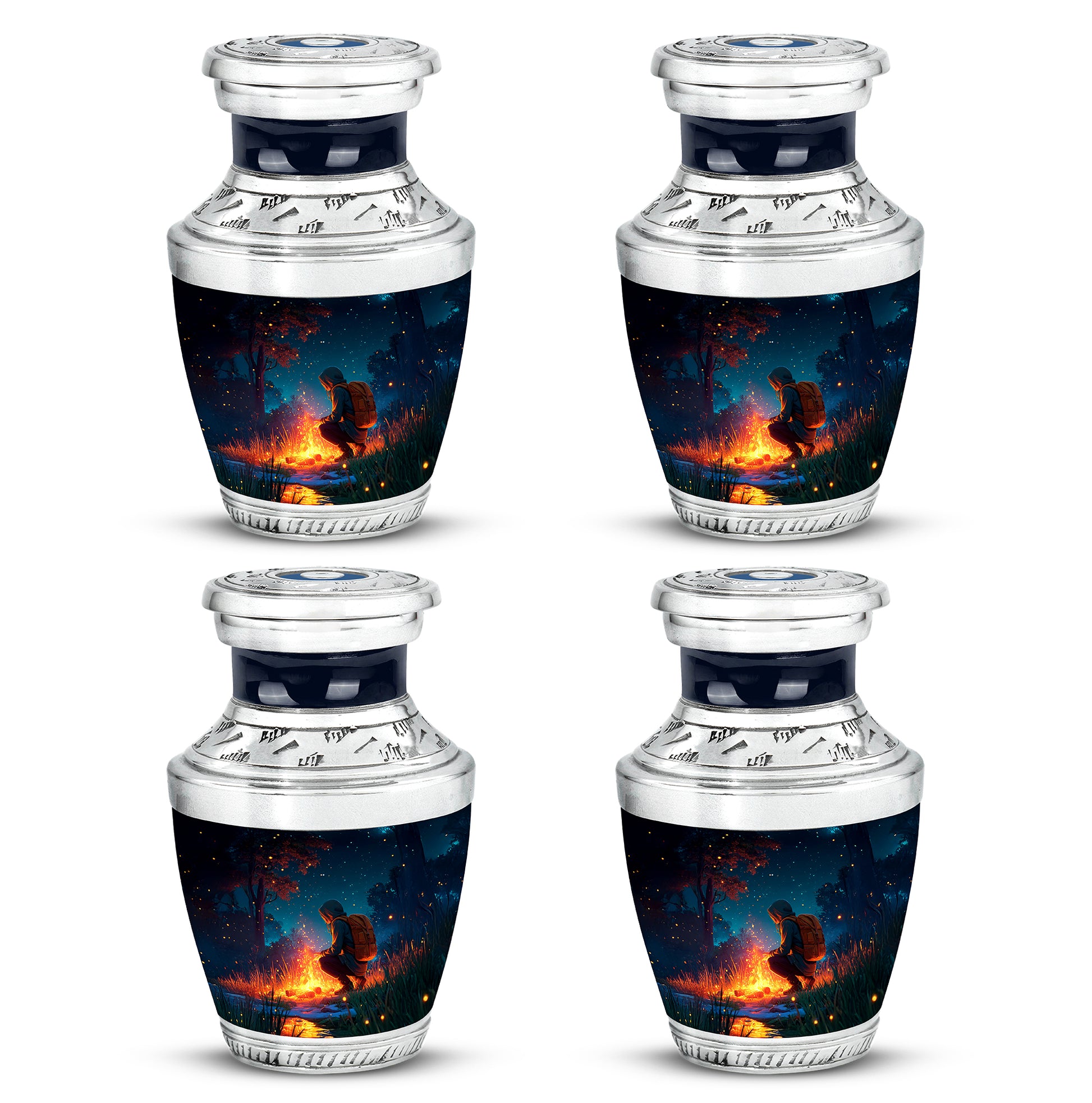 Twilight Blue Campfire Cremation Urn back view with polished surface - stylized abstract campfire pattern with bold lines - 10 inch aluminum urn for cremated remains