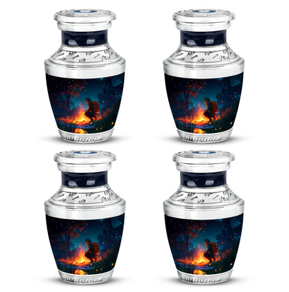 Twilight Blue Campfire Cremation Urn back view with polished surface - stylized abstract campfire pattern with bold lines - 10 inch aluminum urn for cremated remains